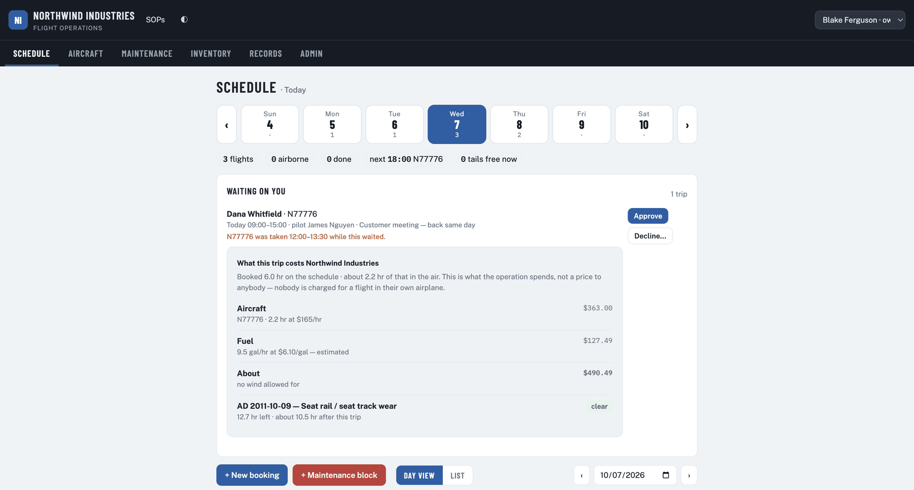 A trip request showing the route, the estimated flying time and what the trip costs the company